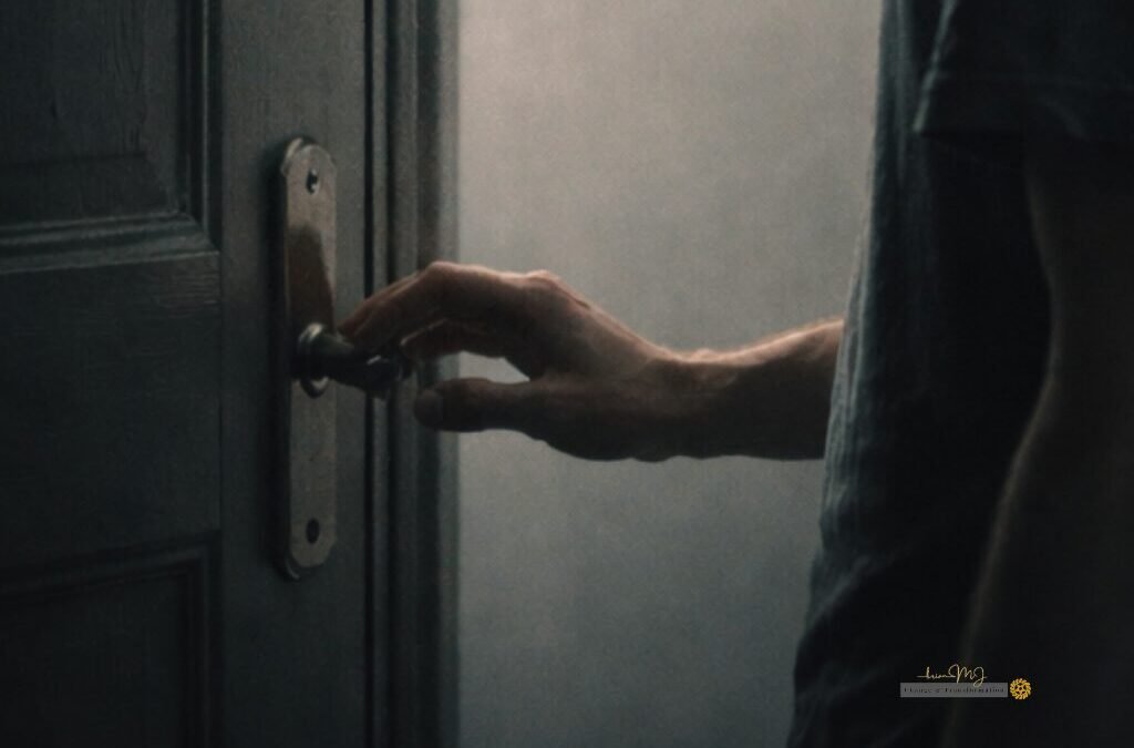 A person's hand hesitating on a door handle in a dark, misty room, symbolising the choice between staying in a relationship and leaving.