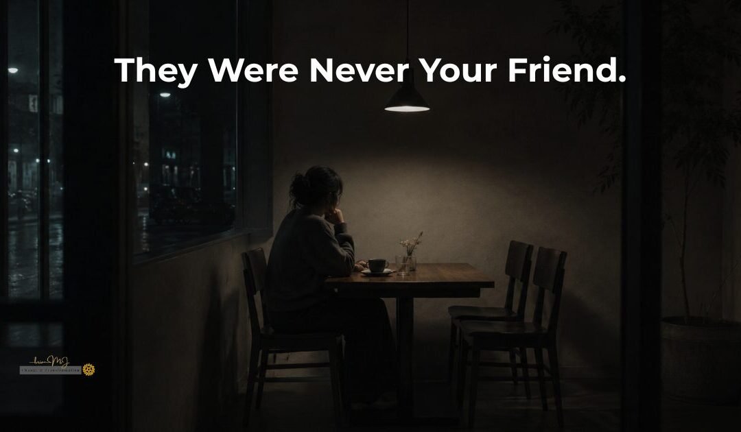 A person sitting alone at a dark café table with empty chairs representing the isolation of a one sided friendship and covert envy.