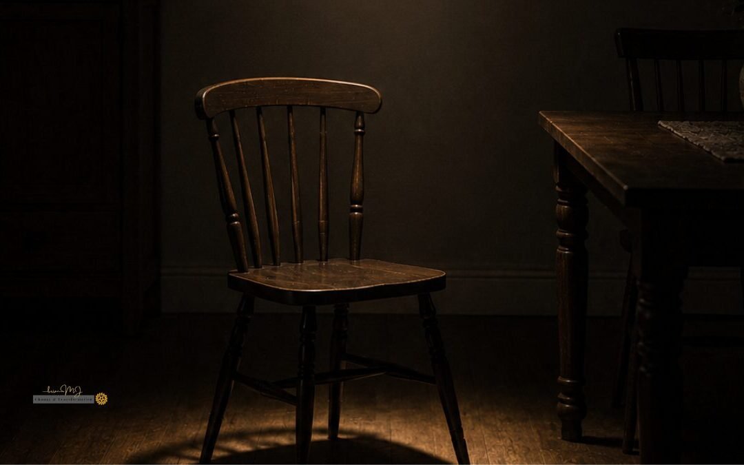 An empty chair sitting under a single spotlight in a dark room representing the isolation of family scapegoating.