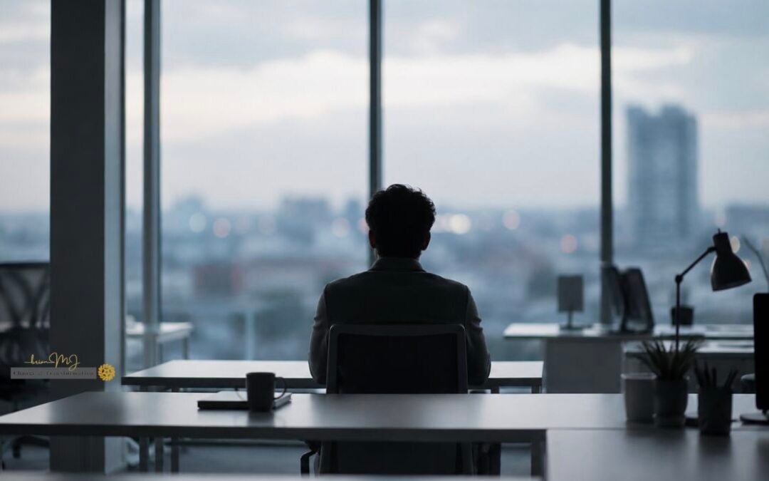 Silhouette of a person sitting alone at a desk in a quiet, softly lit office, facing floor to ceiling windows overlooking a city skyline.