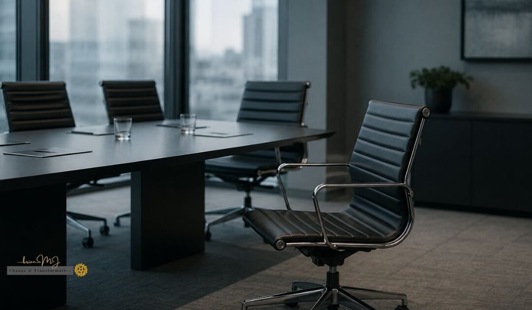 An empty office chair pulled away from a boardroom table, symbolising the seat someone never got.