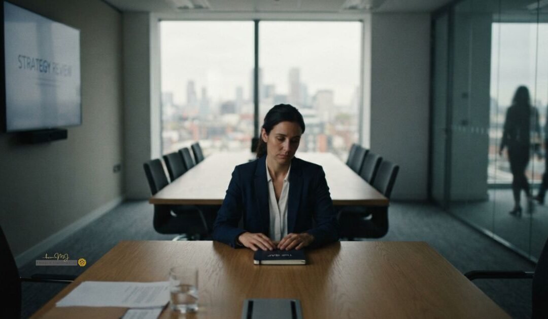 A woman sits alone at a long conference table, hands resting on a book titled 'The Gap,' while two colleagues are visible walking past together outside the glass wall.