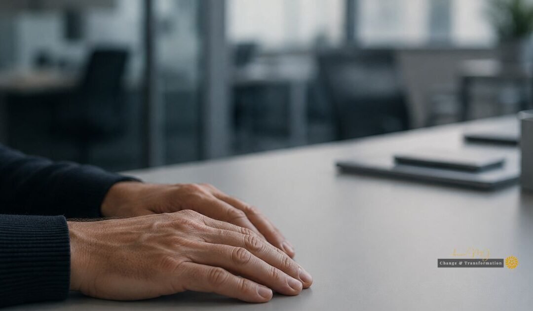Close-up of a person's hands resting still on an empty office desk, illustrating the invisible weight of emotional labour at work.
