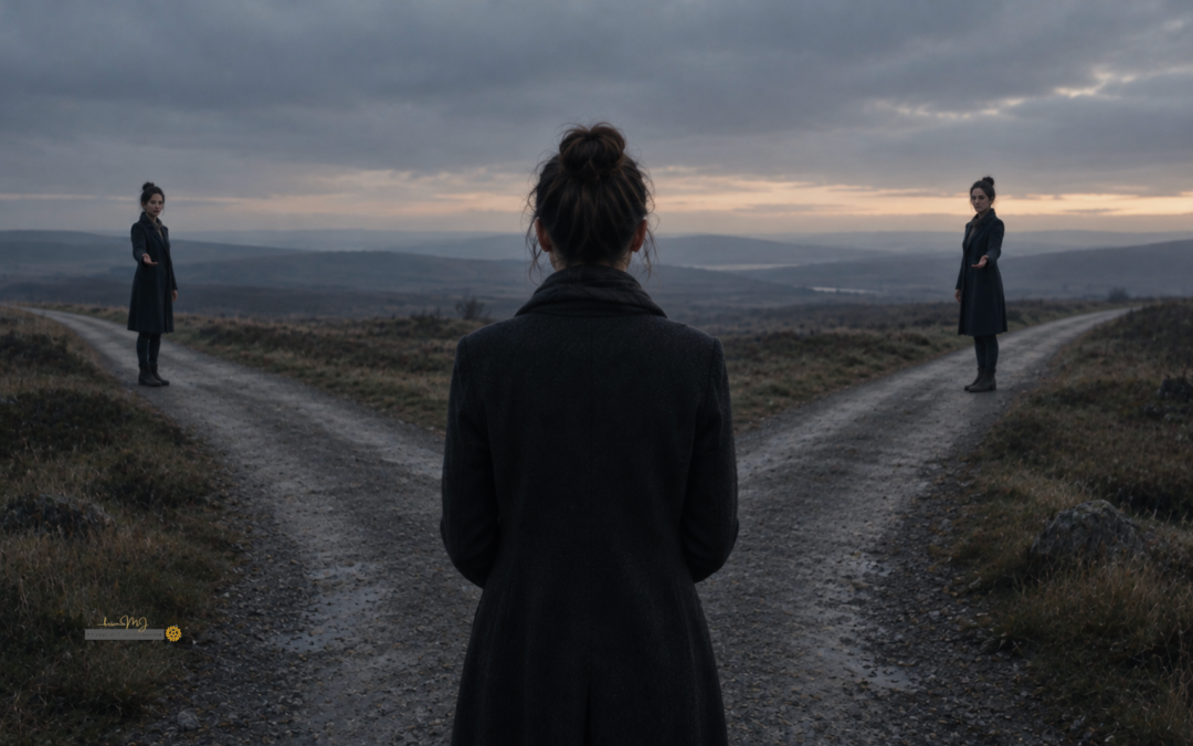 A woman stands at a crossroads facing two identical versions of herself, one on each diverging path, in a quiet, overcast landscape.