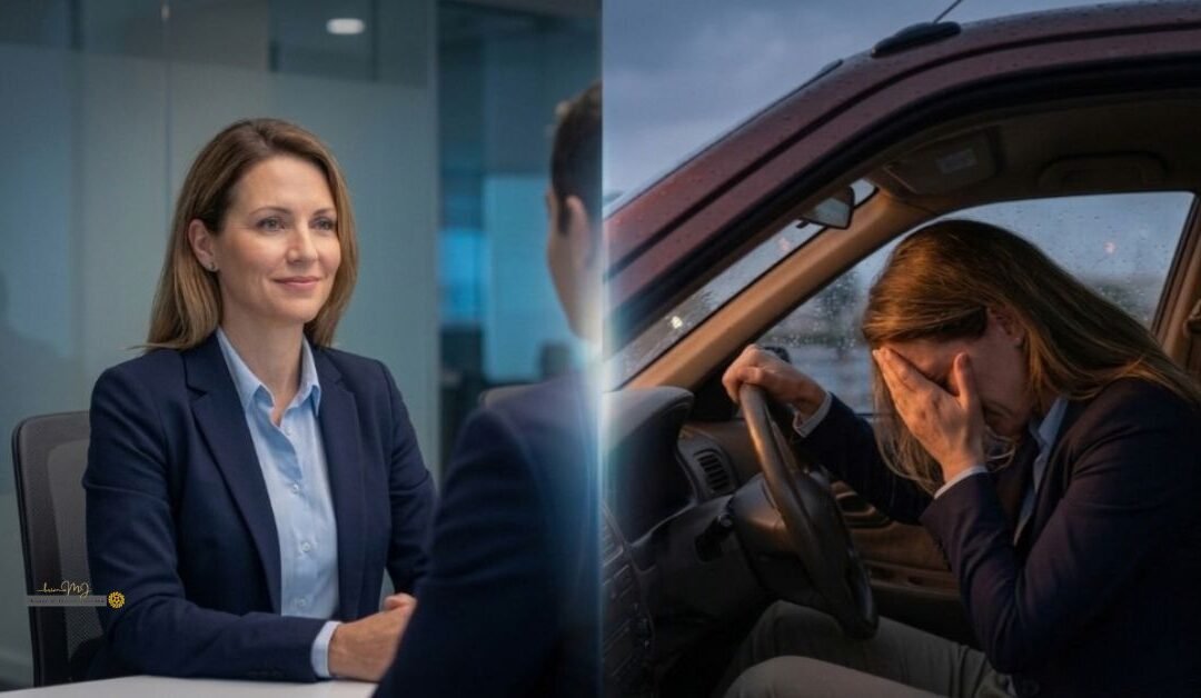 Woman composed in a meeting on one side, overwhelmed in her car on the other, illustrating a delayed emotional reaction