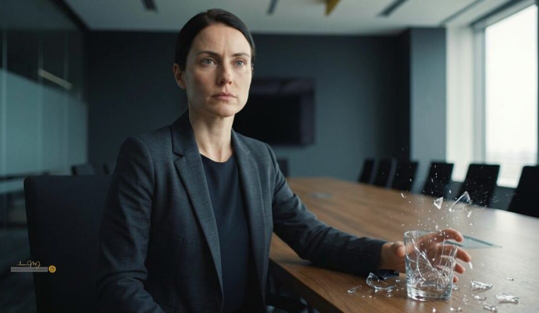 Woman sitting alone in an empty boardroom, quietly shattering a glass, illustrating the cost of keeping the peace.
