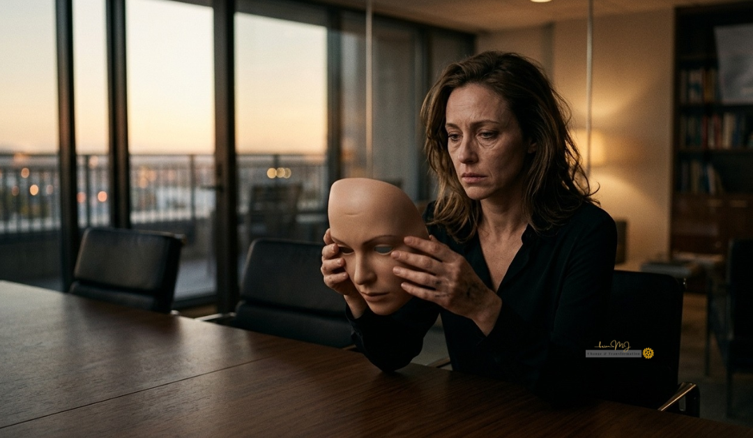 A woman setting down a featureless mask at a boardroom table, illustrating the performance of peace.