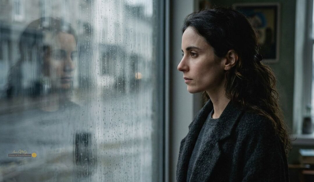 A woman gazing out of a rain streaked window, her faint reflection visible in the glass, illustrating the quiet moment of no longer expecting better.